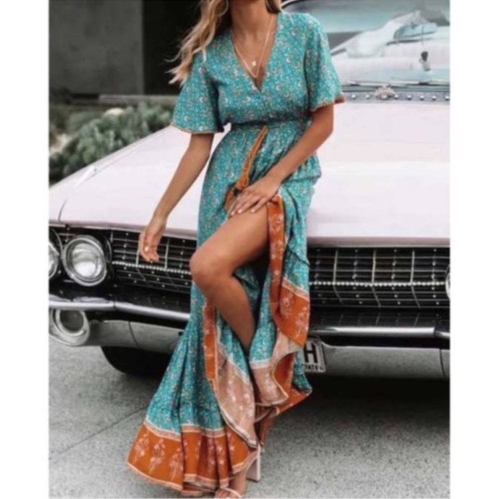 Bohemian Teal Green V Neck Gypsy Floral Print Maxi Cottagecore Dress S M L XL
